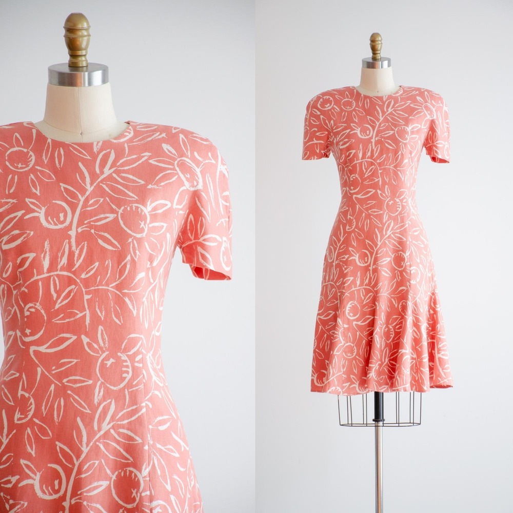 pink linen dress‎ 80s vintage orange terra cotta fruit pattern mini dress